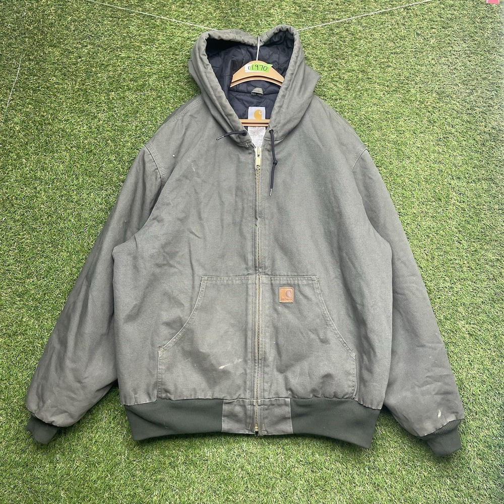 Vintage Carhartt Jacket Mens XL Green Duck Canvas Quilt Lined Hooded JJ280 MOS